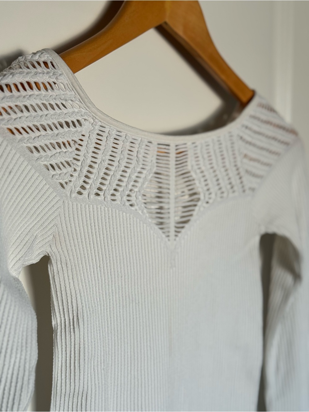 Free People White Ribbed Knit Top with Openwork Yoke, XS/S